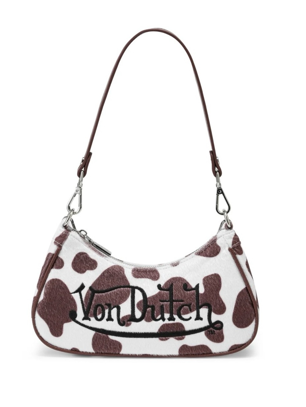 Von Dutch Brown and White Cow-Print Shoulder Bag with Logo